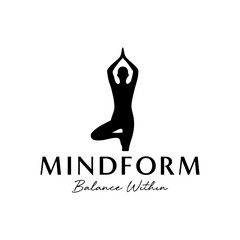 Graceful yoga tree pose silhouette with clean minimal styling, perfect for wellness, balance, and mindful lifestyle branding. Editable Vector File
