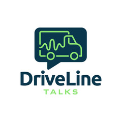 Modern logo featuring a delivery truck outline inside a chat bubble with dynamic signal lines, ideal for logistics communication brands. Editable Vector File
