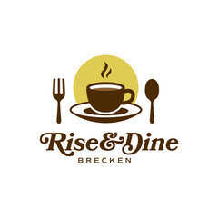 Warm breakfast logo featuring a steaming coffee cup with fork and spoon accents, ideal for cafés, diners, and morning brands. Editable Vector File
