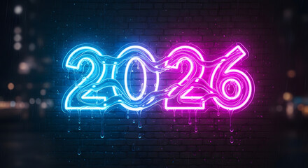 Melting Blue and Pink Neon "2026" Sign on Brick Wall.