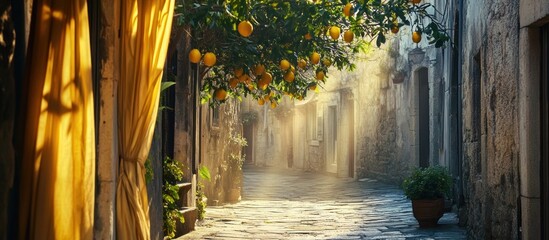 Sunlit European Alleyway with Lemon Tree Canopy and Textured Stone Walls