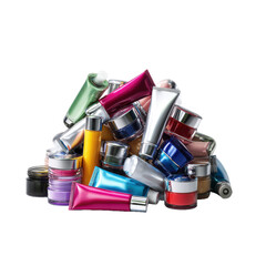 Pile of cosmetic containers png makeup png beauty png skincare png bottles png jars png packaging png products png assorted png collection png transparent background image