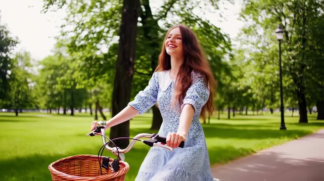 Happy Young Woman Riding Bicycle with Wicker Basket in Sunny Park