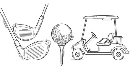 Illustration of golf equipment: golf clubs, a golf ball on a tee, and a golf cart.