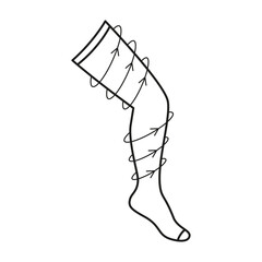 Compression stocking, socks on leg with circular arrows, line icon. Treatment varicose veins on foot. Medical therapy, rehabilitation clothes. Vector linear illustration