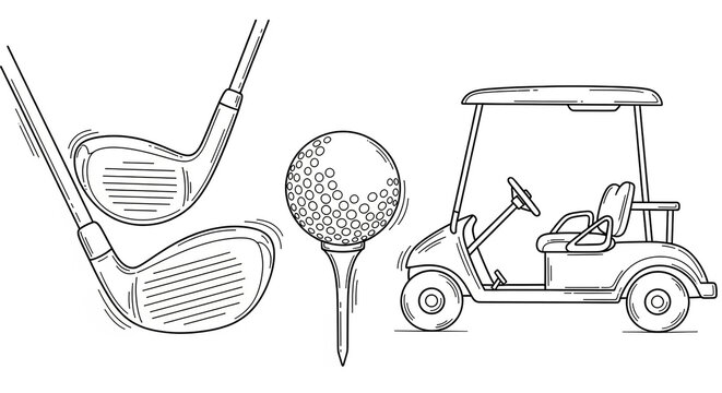 Illustration of golf equipment: golf clubs, a golf ball on a tee, and a golf cart.