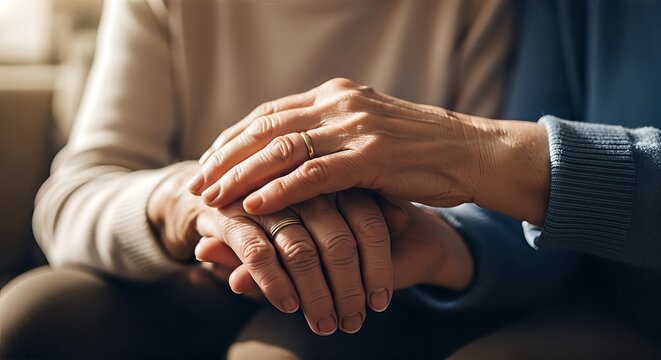 Elderly couple holding hands showing love and support. - Powered by Adobe