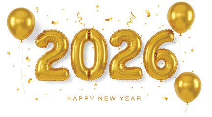 Celebrate new year 2026 with golden balloon numbers and confetti, a festive design for greeting cards, banners, and social media posts, isolated on