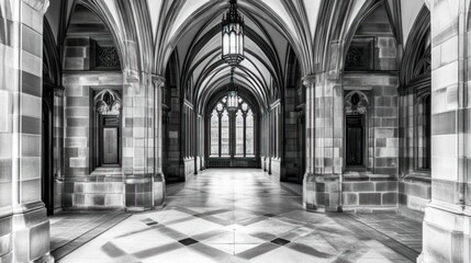 Architectural Grandeur, A Black and White Perspective of a Majestic Hallway