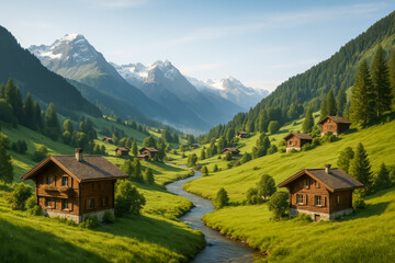 Fototapeta premium Serene mountain landscape with chalets and flowing river