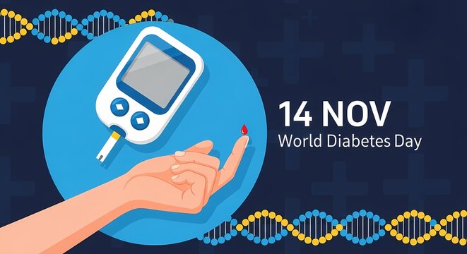 World diabetes day banner with glucometer, hand, and dna structure background - Powered by Adobe