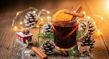 Cozy Christmas mulled wine with orange, cinnamon, star anise, and festive decorations on a rustic wooden table.