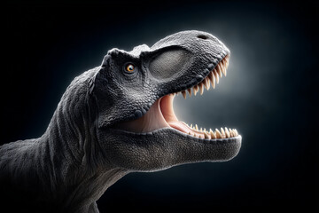 Fierce, aggressive Tyrannosaurus T Rex dinosaur roaring with dramatic lighting against dark background creating scary mood