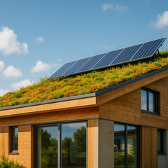 Fototapeta premium Modern wooden house with green roof and solar panels