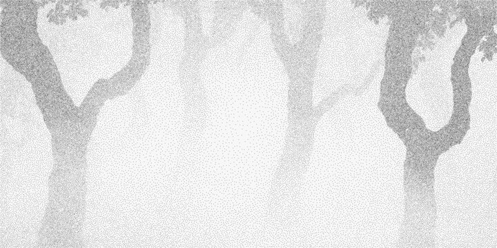 Tree silhouettes on rough grunge background, photocopy texture with specks and grain, faded paper noise and vintage forest atmosphere in shadow.