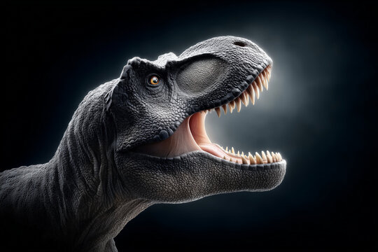 Fierce, aggressive Tyrannosaurus T Rex dinosaur roaring with dramatic lighting against dark background creating scary mood