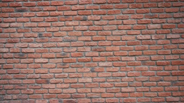 Red brick wall texture in sharp focus for outdoor building background; background backplate template calm.