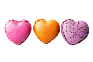 Fototapeta premium A display of heart-shaped macarons in pink. orange. and purple colors. arranged neatly against a clean white background. perfect for dessert promotions or culinary blogs