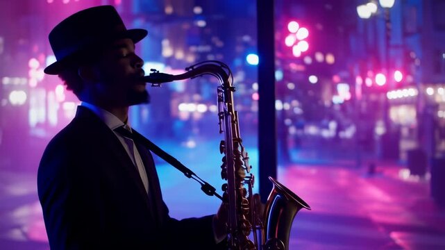 Man Playing Saxophone in Silhouette Against Vibrant City Night Lights