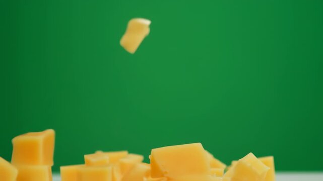 Slow Motion Shot of Yellow Cheddar Cheese Cubes Falling onto a Surface Against a Green Screen Background