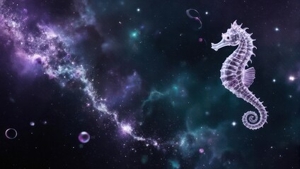 Seahorse Swimming Through Cosmic Nebula and Stars.
