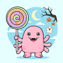 Cute Pink Monster with Lollipop, Ghost, and Pumpkins on Halloween Night Cartoon