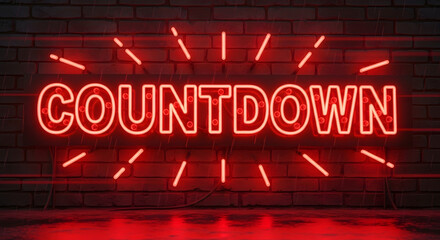 Glowing Red "Countdown" Neon Marquee Sign on Wet Brick Wall.