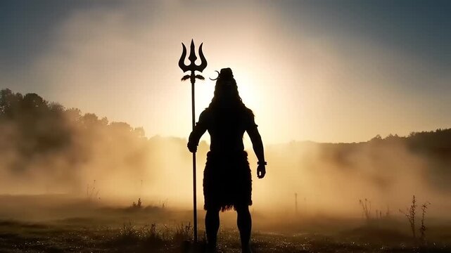 Silhouette Shiva statue holding trident.