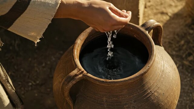 Woman taking water from ancient clay pot in historical bible scene. Religious and spiritual concept.