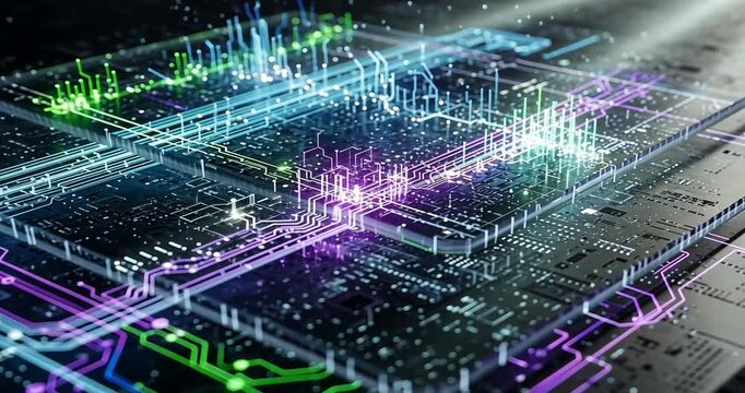Abstract representation of a high-tech circuit board with vibrant data flow and glowing elements