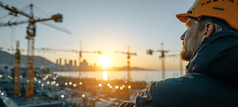 Construction worker observing sunset with cranes in background