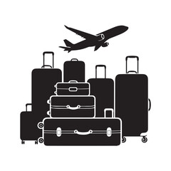  Black Silhouette of Airplane Taking Off Above Stacked and Individual Luggage Bags. 