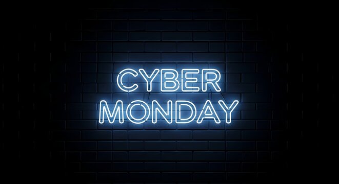 Cyber monday neon sign on dark brick wall background for promotion sale event