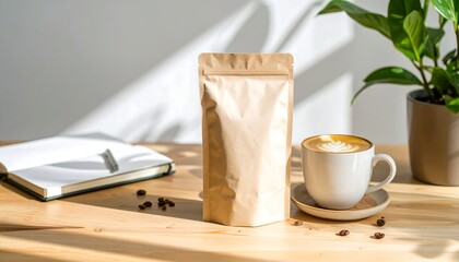 A brown paper pouch of coffee beans stands on a wooden table next to a notebook and a cup of coffee