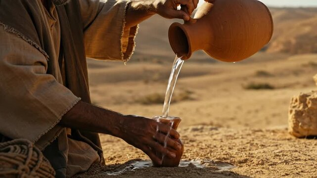 Man pouring water into a cup, with water spilling in desert. Biblical reenactment of water in wilderness. Christian story concept.