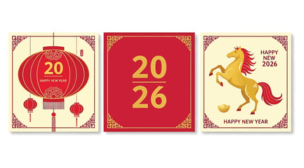 Celebrate the year of the horse with this vibrant collection of three 2026 new year designs, featuring traditional chinese lanterns and festive horse illustrations