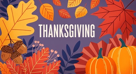 Thanksgiving day background with pumpkin, leaves, acorn and fan on purple background