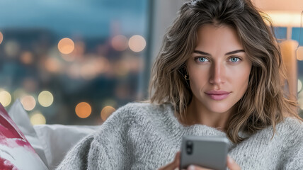 Young woman with blue eyes using smartphone in cozy setting