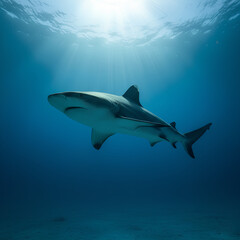 Fototapeta premium A shark glides over the sandy seafloor as sunlight beams down from the surface, creating a peaceful and dramatic underwater wildlife scene. 