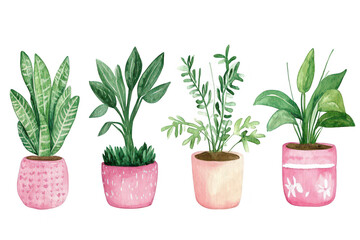 Obraz premium A illustration of four distinct potted plants in various pink pots. lush green foliage. perfect for home decor inspiration or botanical art projects