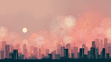 Artistic winter - Beautiful Sunset Cityscape with Fireworks Celebration - season concept
