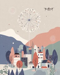 Colorful celebration - Whimsical Landscape Illustration with Dandelion and Drone Over Modern Village - holiday aesthetic