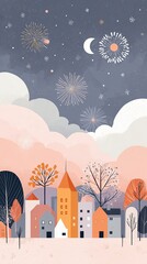 Magical holiday - Whimsical Night Sky with Fireworks Over a Colorful Village - season artwork