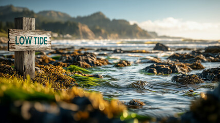 Scenic view of low tide sign beside rocky beach shoreline