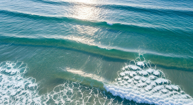 Aerial View of Ocean Waves with Sparkling Sunlight Reflection