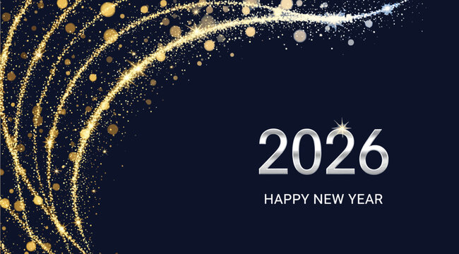 Celebrate the upcoming year 2026 with a mesmerizing display of golden glitter and sparkling lights against a dark blue backdrop, wishing everyone a happy and prosperous new year