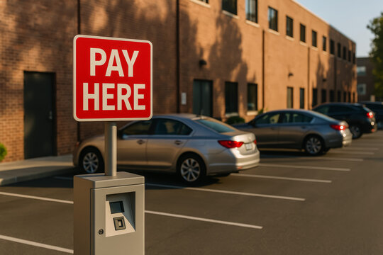 Pay here sign in parking lot with parked cars in background