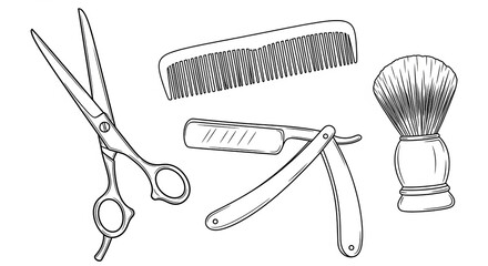 A black and white line drawing of barber tools including scissors, a comb, a straight razor, and a shaving brush.