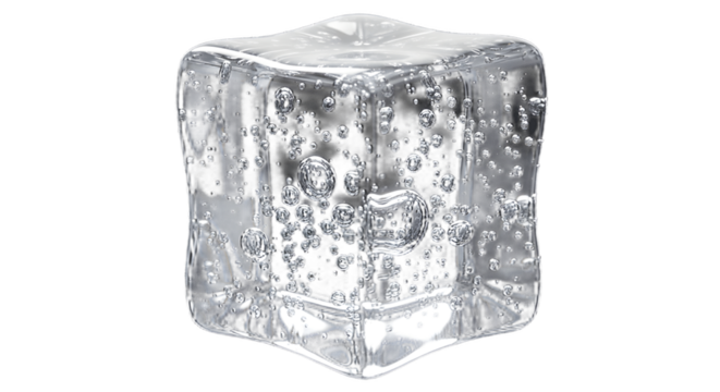 Ice cube crystal clear frozen water bubbles cold refreshment drink transparent cube black background on transparent background