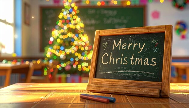 Merry Christmas Written on Wooden School Slate in Classroom